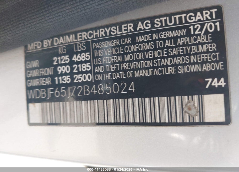 2002 MERCEDES-BENZ E 320 SPECIAL EDITION VIN: WDBJF65J72B485024