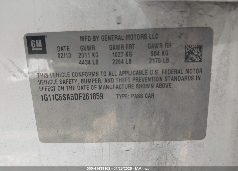 2013 CHEVROLET MALIBU 1LT VIN: 1G11C5SA5DF261859