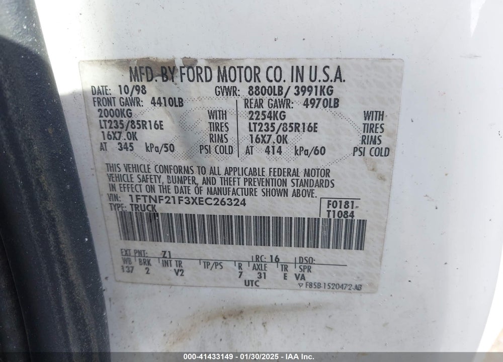 1999 FORD F-250 LARIAT/XL/XLT VIN: 1FTNF21F3XEC26324