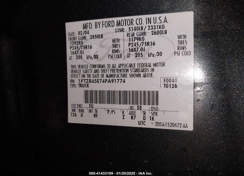 2004 FORD RANGER EDGE/TREMOR/XLT VIN: 1FTZR45E74PA91774