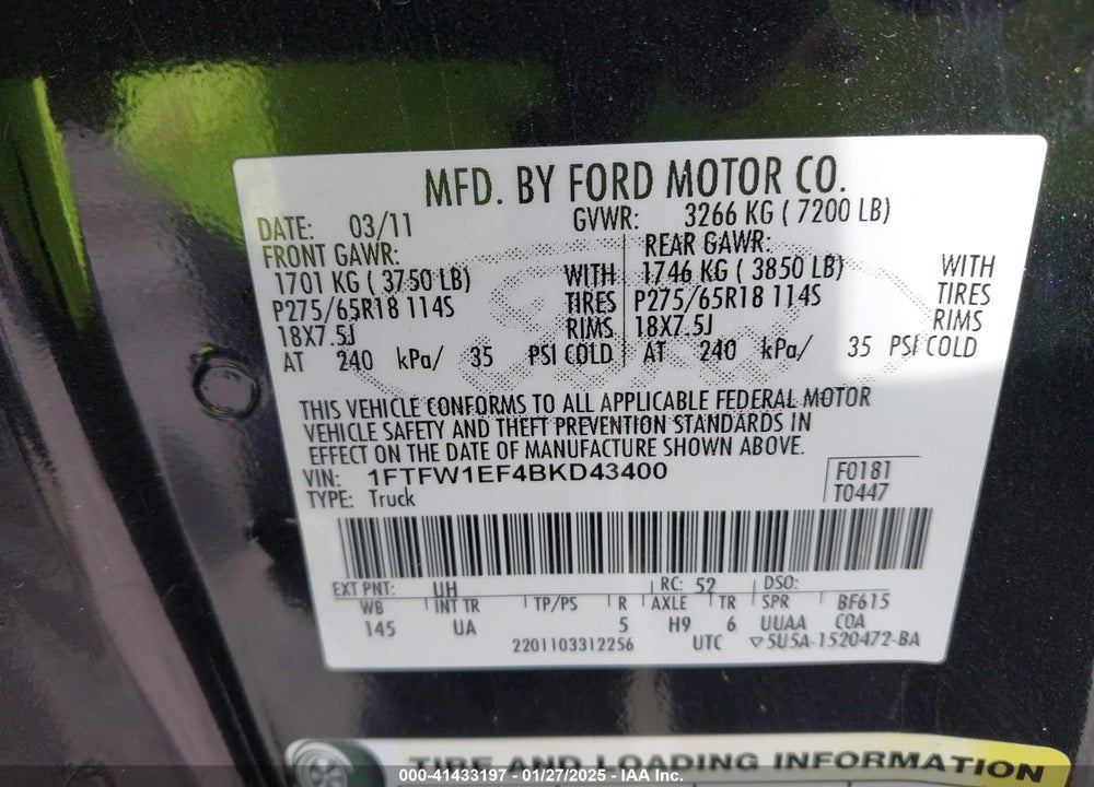 2011 FORD F-150 VIN: 1FTFW1EF4BKD43400