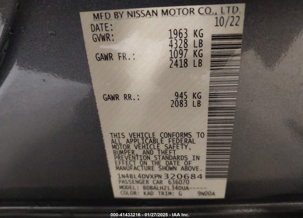 2023 NISSAN ALTIMA SV FWD VIN: 1N4BL4DVXPN320684