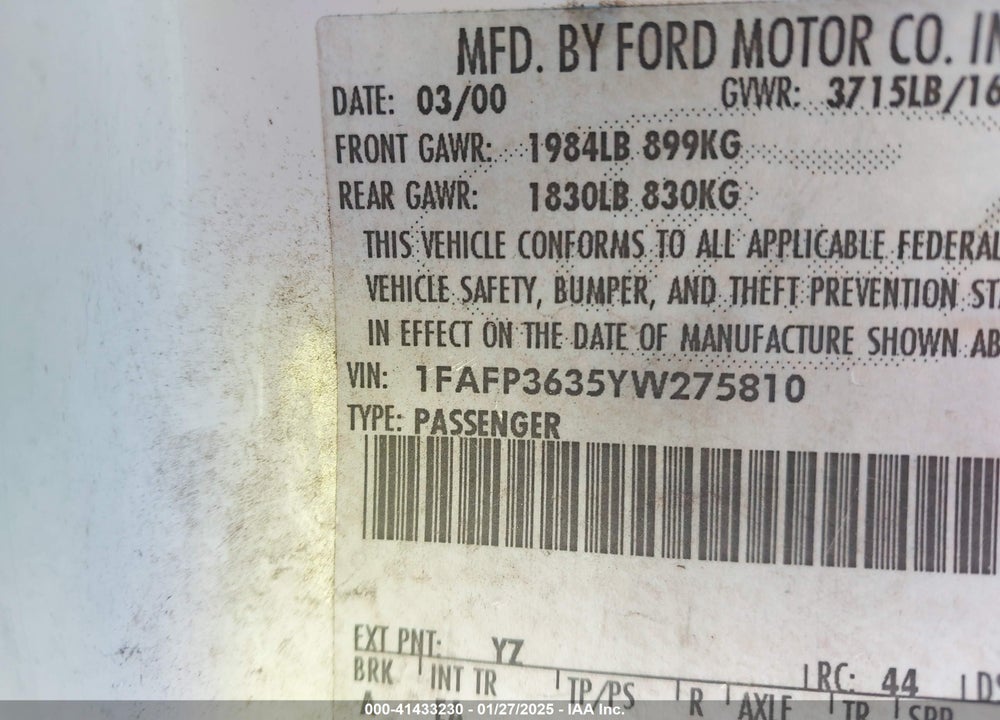 2000 FORD FOCUS SE VIN: 1FAFP3635YW275810