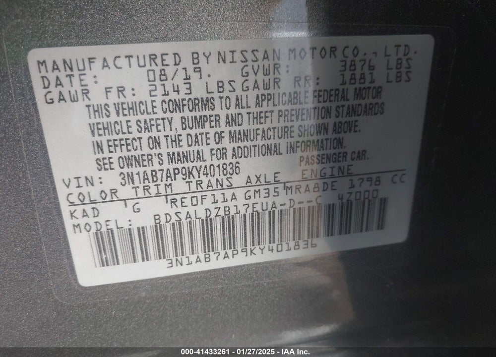 2019 NISSAN SENTRA SV VIN: 3N1AB7AP9KY401836