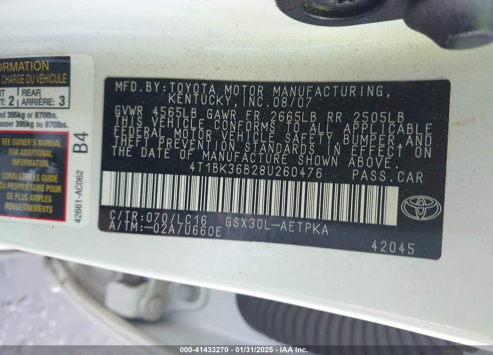 2008 TOYOTA AVALON VIN: 4T1BK36B28U260476