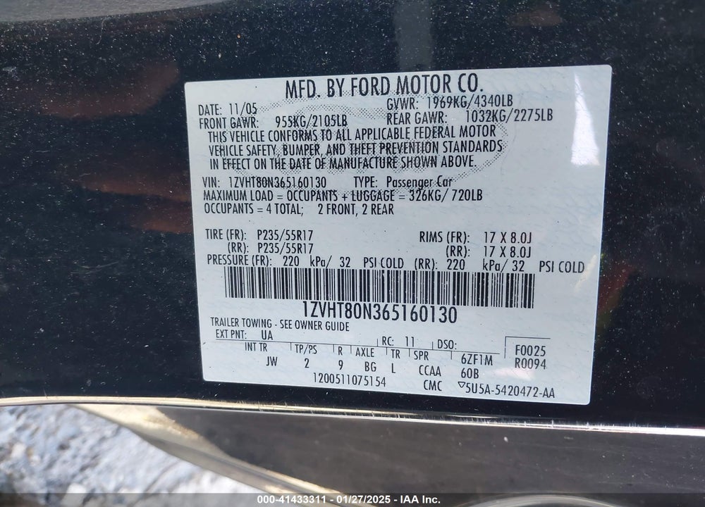 2006 FORD MUSTANG V6 VIN: 1ZVHT80N365160130