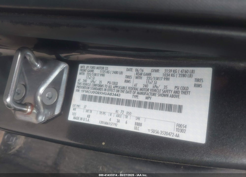 2017 FORD ESCAPE VIN: 1FMCU0G9XHUA83443