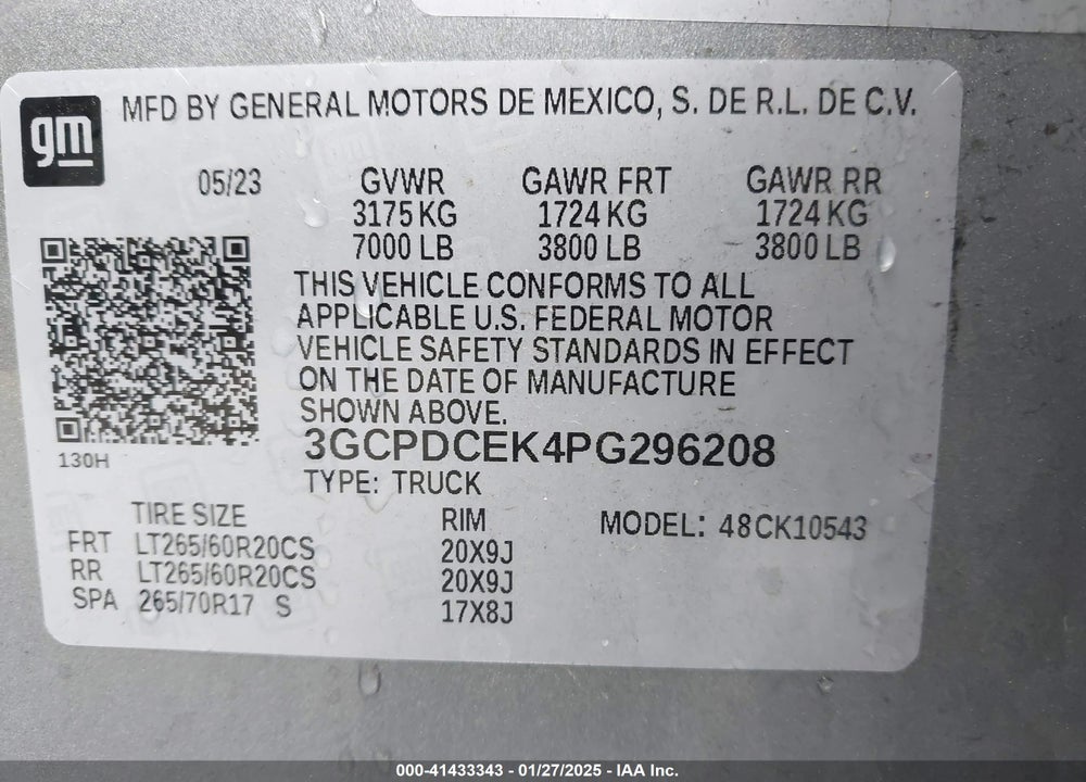 2023 CHEVROLET SILVERADO 1500 4WD SHORT BED CUSTOM TRAIL BOSS VIN: 3GCPDCEK4PG296208