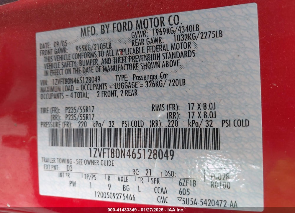 2006 FORD MUSTANG V6 VIN: 1ZVFT80N465128049