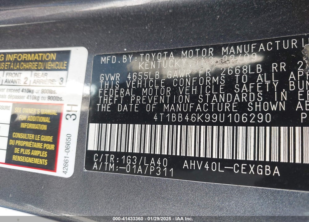 2009 TOYOTA CAMRY HYBRID VIN: 4T1BB46K99U106290