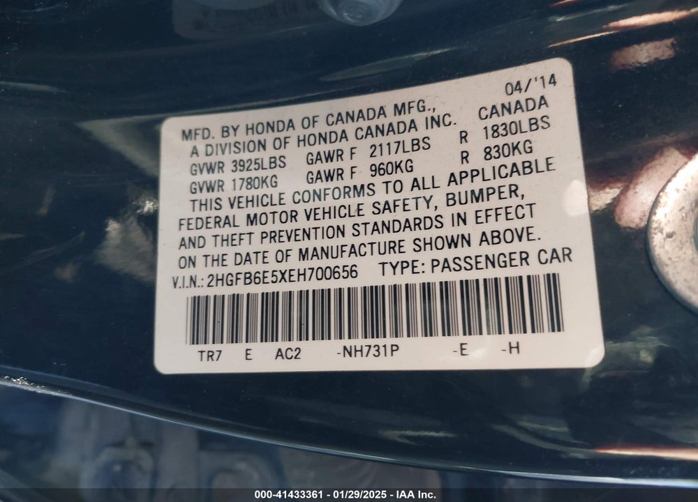 2014 HONDA CIVIC SI VIN: 2HGFB6E5XEH700656