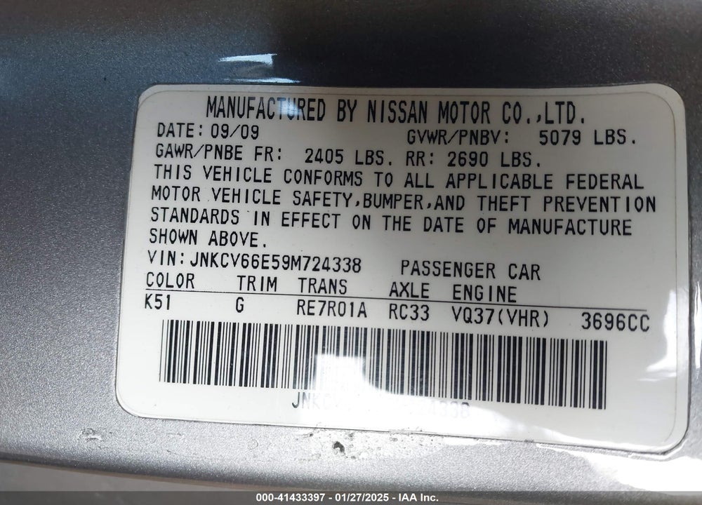 2009 INFINITI G37 VIN: JNKCV66E59M724338