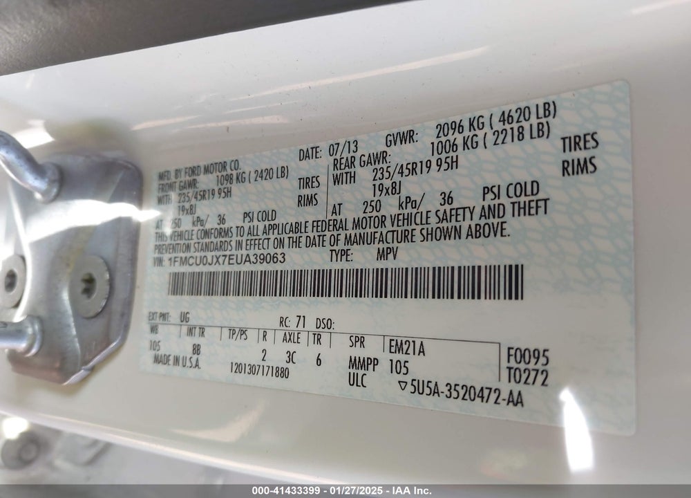2014 FORD ESCAPE TITANIUM VIN: 1FMCU0JX7EUA39063