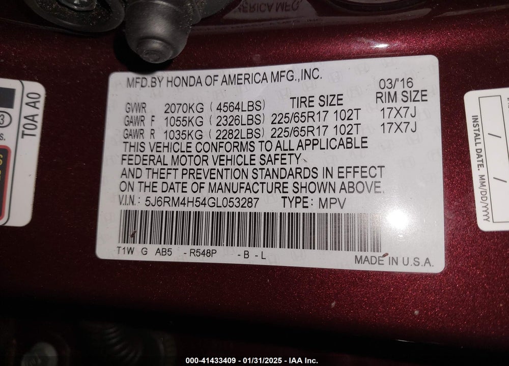 2016 HONDA CR-V VIN: 5J6RM4H54GL053287