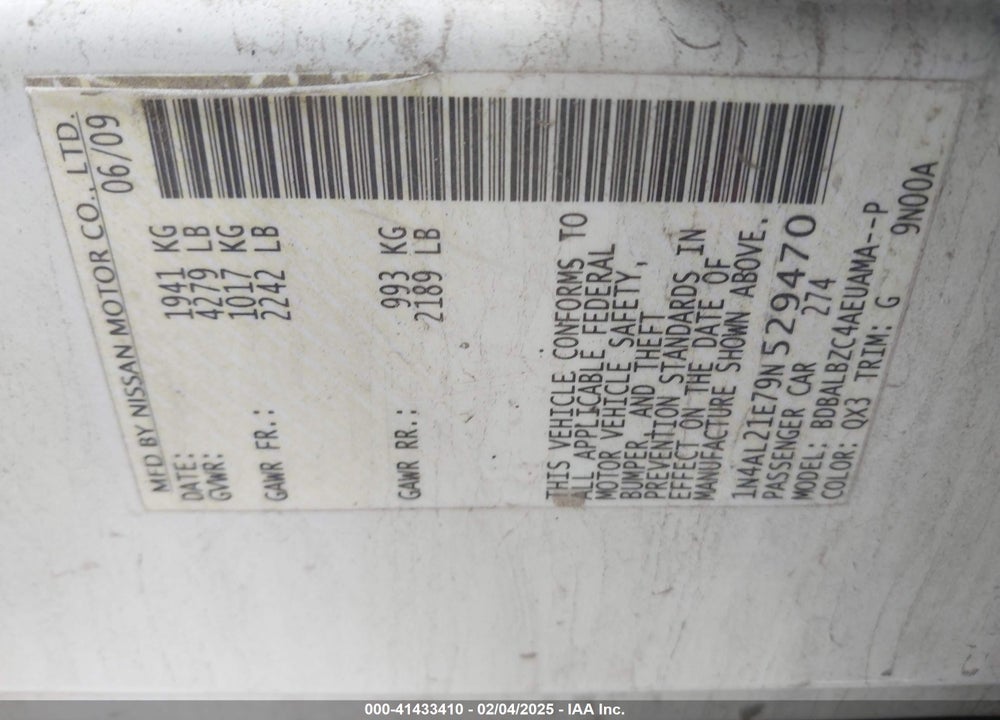 2009 NISSAN ALTIMA VIN: 1N4AL21E79N529470