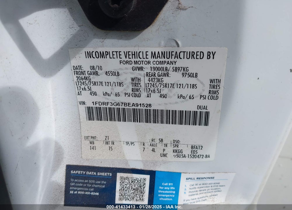 2011 FORD F-350 CHASSIS XL VIN: 1FDRF3G67BEA91528