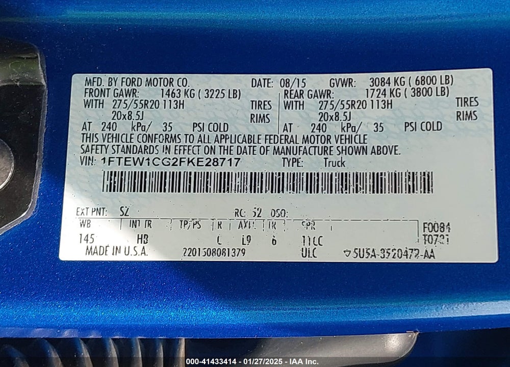 2015 FORD F-150 VIN: 1FTEW1CG2FKE28717