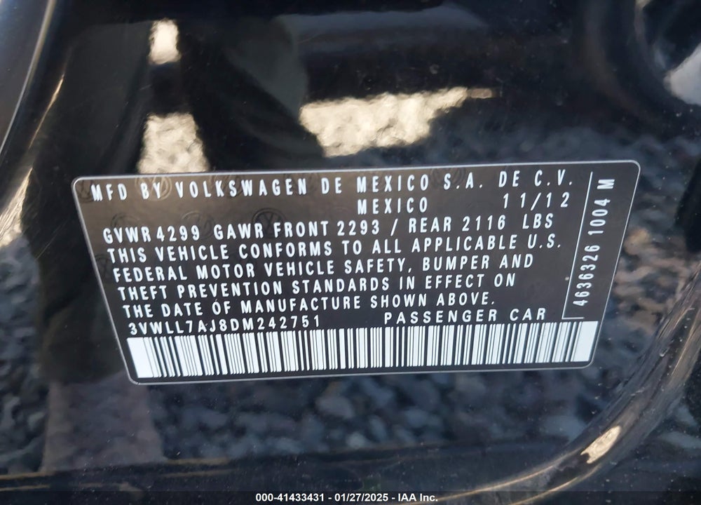 2013 VOLKSWAGEN JETTA VIN: 3VWLL7AJ8DM242751