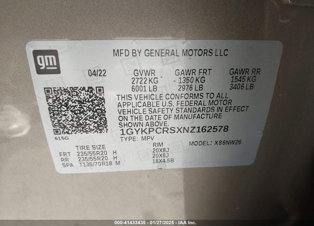 2022 CADILLAC XT6 FWD PREMIUM LUXURY VIN: 1GYKPCRSXNZ162578