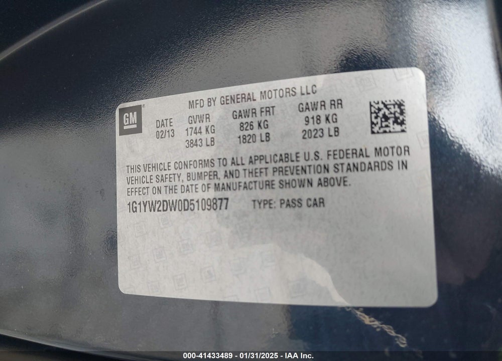 2013 CHEVROLET CORVETTE VIN: 1G1YW2DW0D5109877