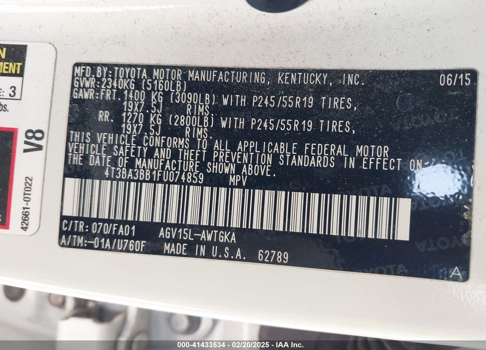 2015 TOYOTA VENZA VIN: 4T3BA3BB1FU074859