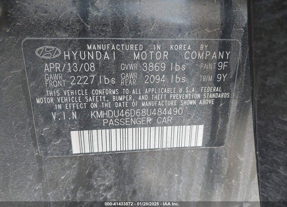 2008 HYUNDAI ELANTRA VIN: KMHDU46D68U484490