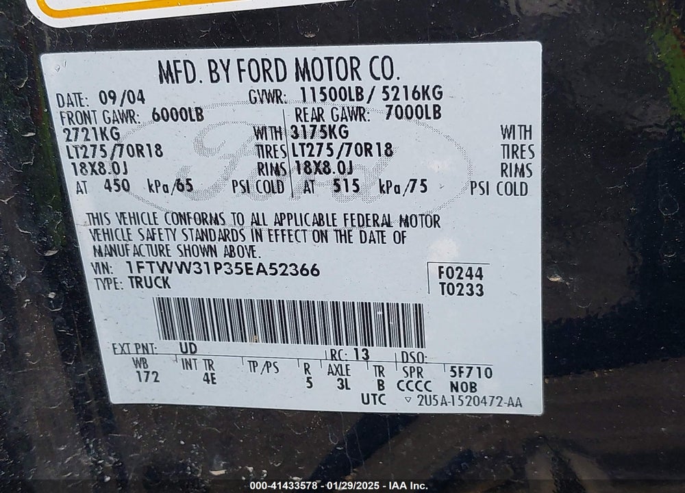 2005 FORD F-350 LARIAT/XL/XLT VIN: 1FTWW31P35EA52366