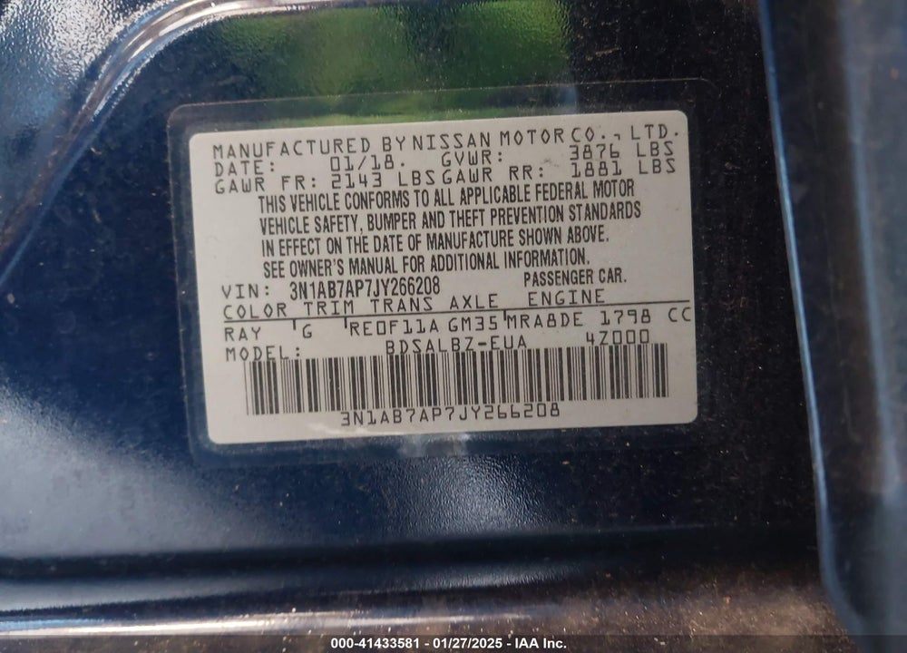 2018 NISSAN SENTRA VIN: 3N1AB7AP7JY266208