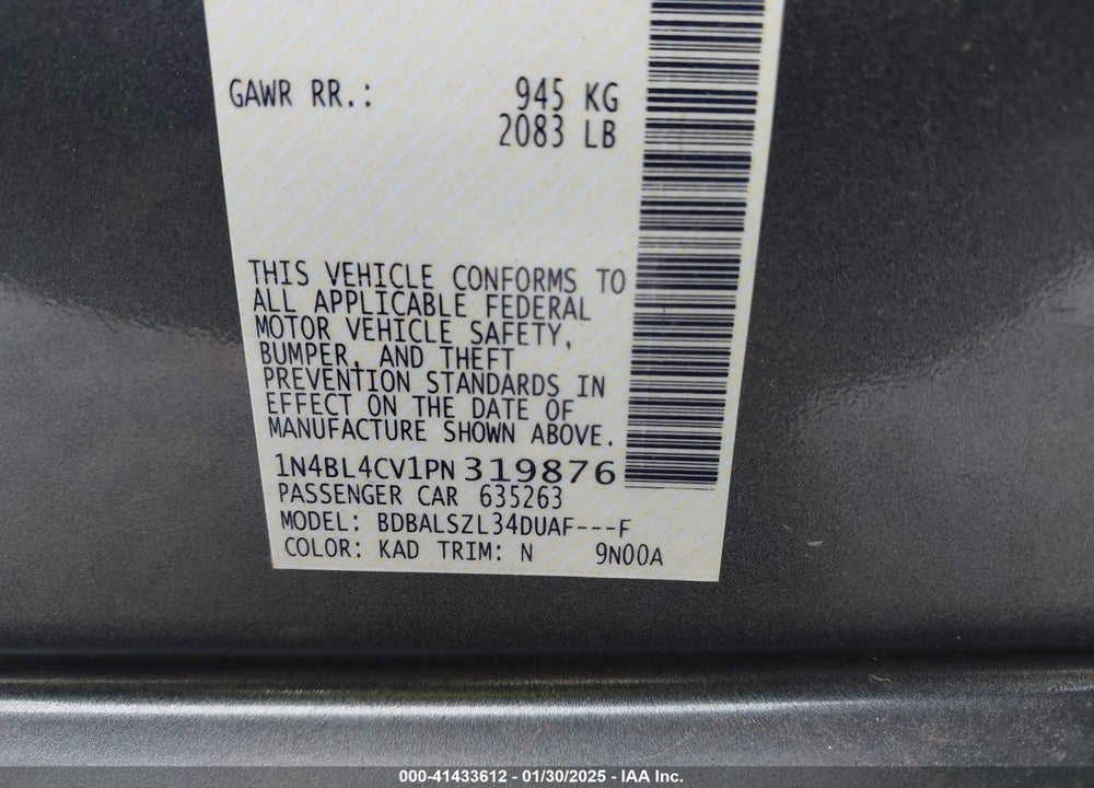 2023 NISSAN ALTIMA SR FWD VIN: 1N4BL4CV1PN319876