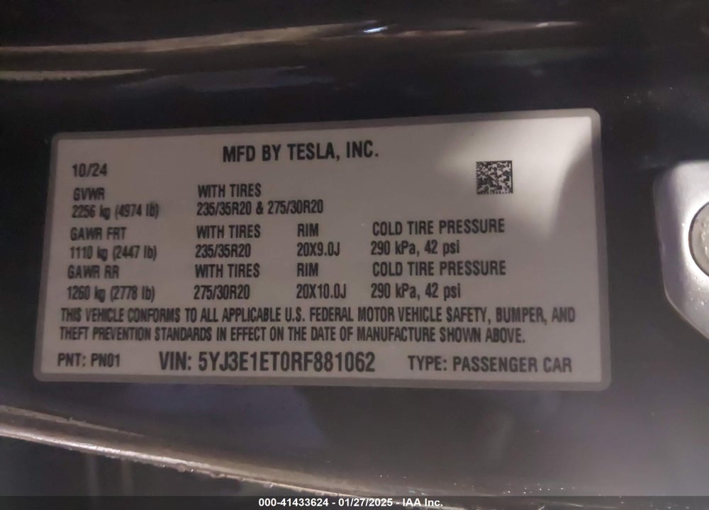 2024 TESLA MODEL 3 PERFORMANCE ALL-WHEEL DRIVE VIN: 5YJ3E1ET0RF881062