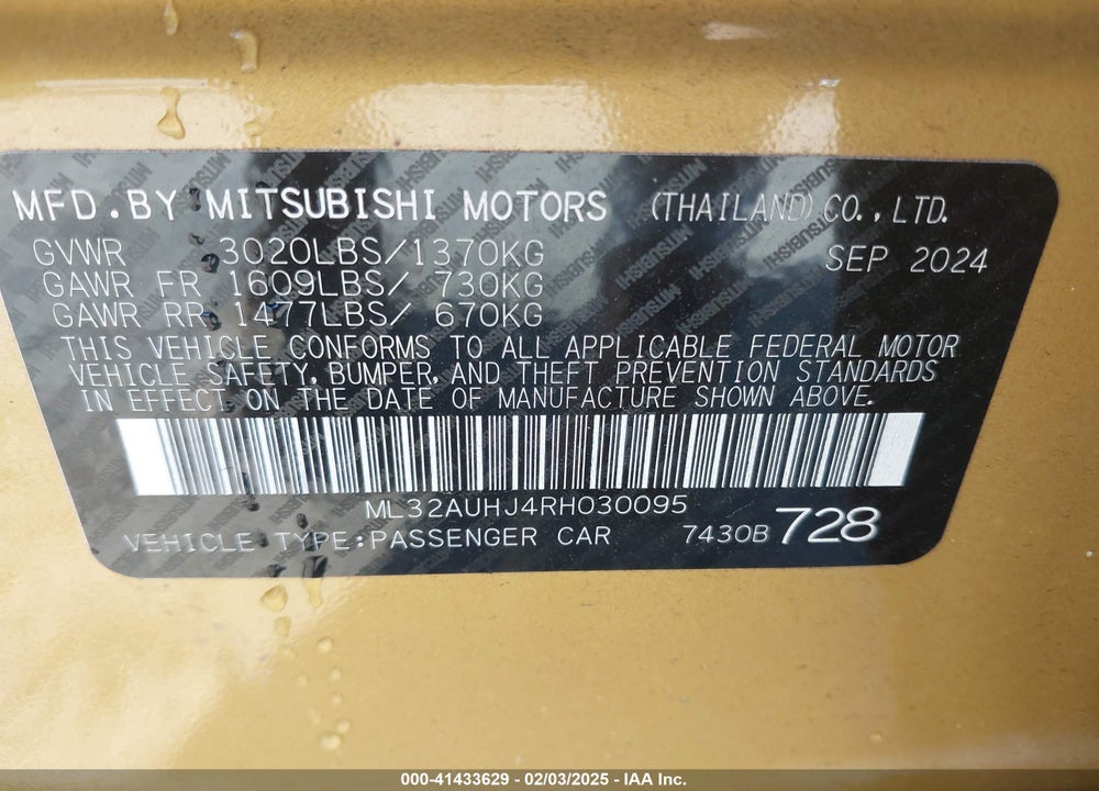 2024 MITSUBISHI MIRAGE VIN: ML32AUHJ4RH030095