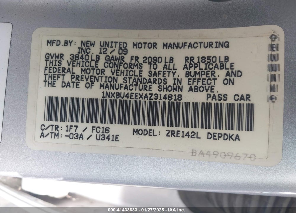2010 TOYOTA COROLLA LE VIN: 1NXBU4EEXAZ314818