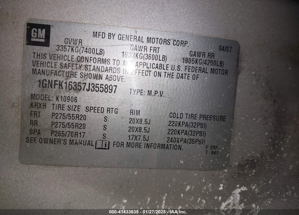 2007 CHEVROLET SUBURBAN 1500 VIN: 1GNFK16357J355897