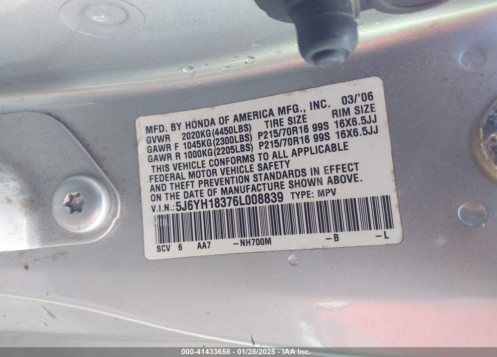 2006 HONDA ELEMENT LX VIN: 5J6YH18376L008839