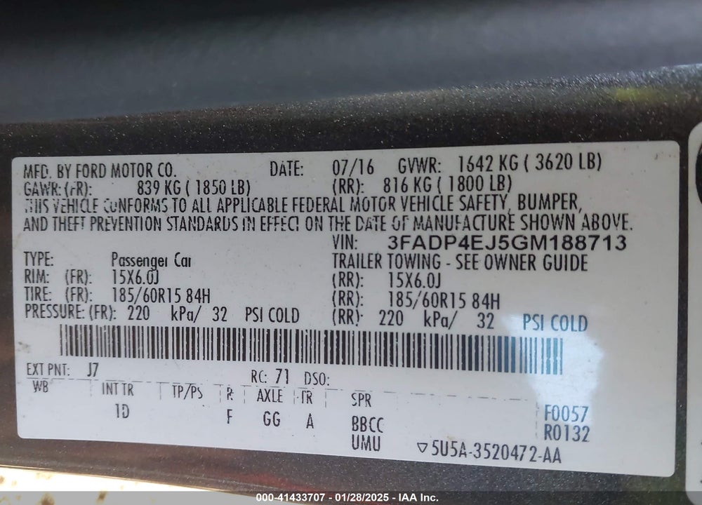 2016 FORD FIESTA VIN: 3FADP4EJ5GM188713