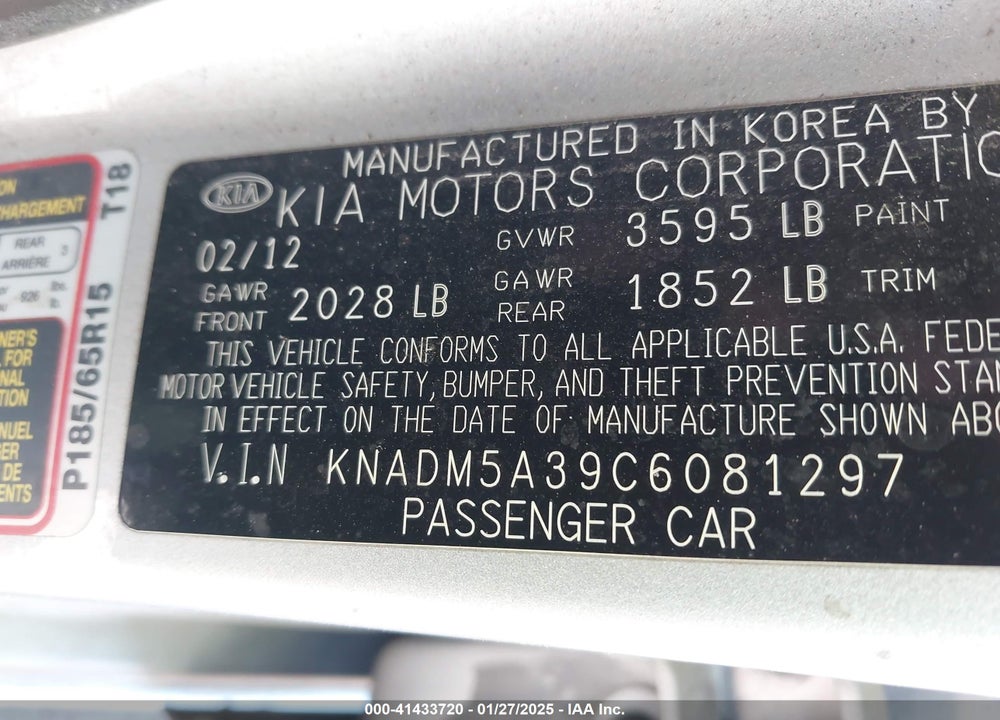 2012 KIA RIO VIN: KNADM5A39C6081297