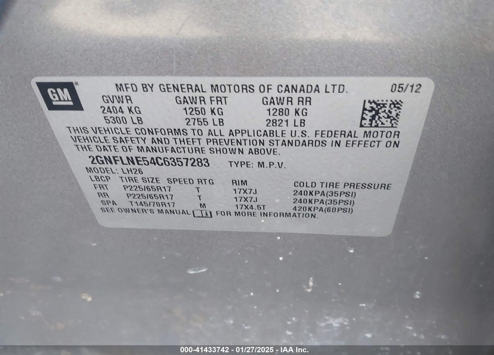 2012 CHEVROLET EQUINOX 2LT VIN: 2GNFLNE54C6357283