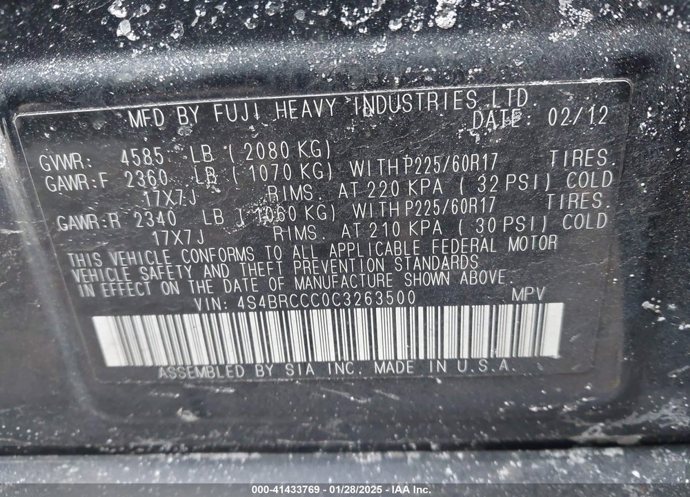 2012 SUBARU OUTBACK 2.5I PREMIUM VIN: 4S4BRCCC0C3263500