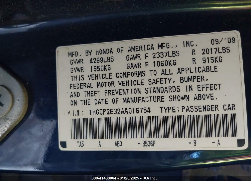 2010 HONDA ACCORD 2.4 LX VIN: 1HGCP2E32AA016754