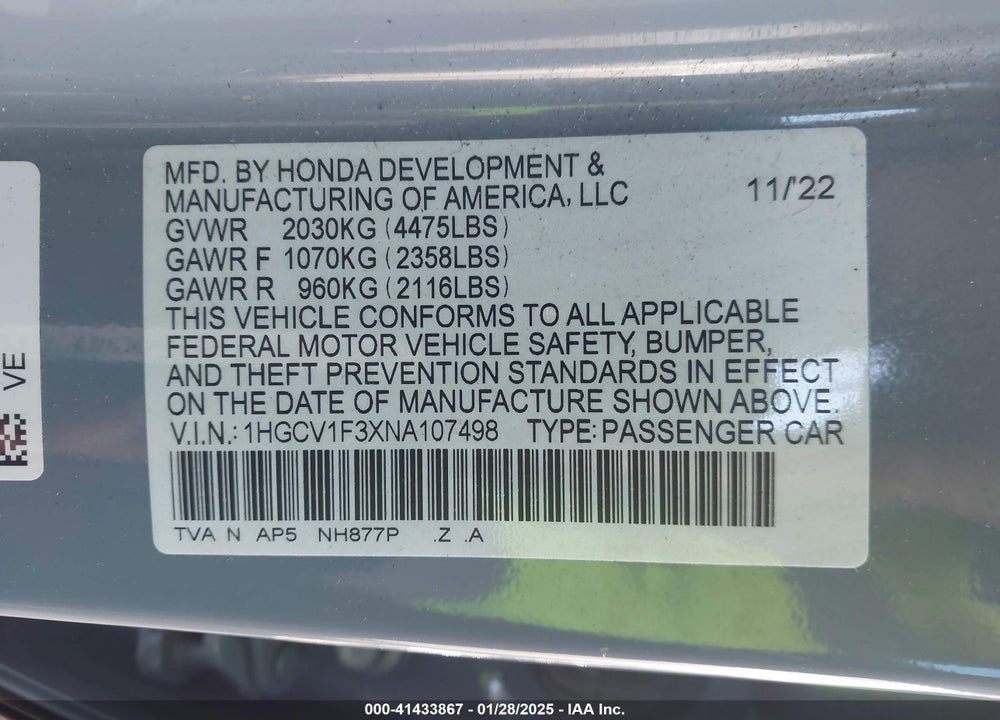 2022 HONDA ACCORD VIN: 1HGCV1F3XNA107498