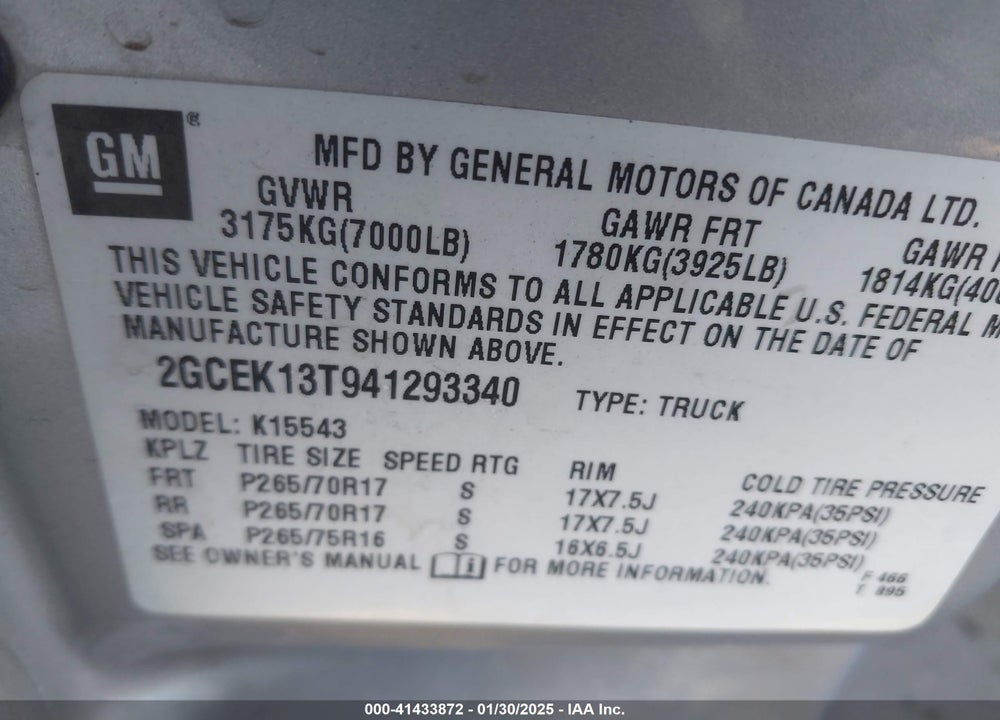 2004 CHEVROLET SILVERADO 1500 Z71 VIN: 2GCEK13T941293340