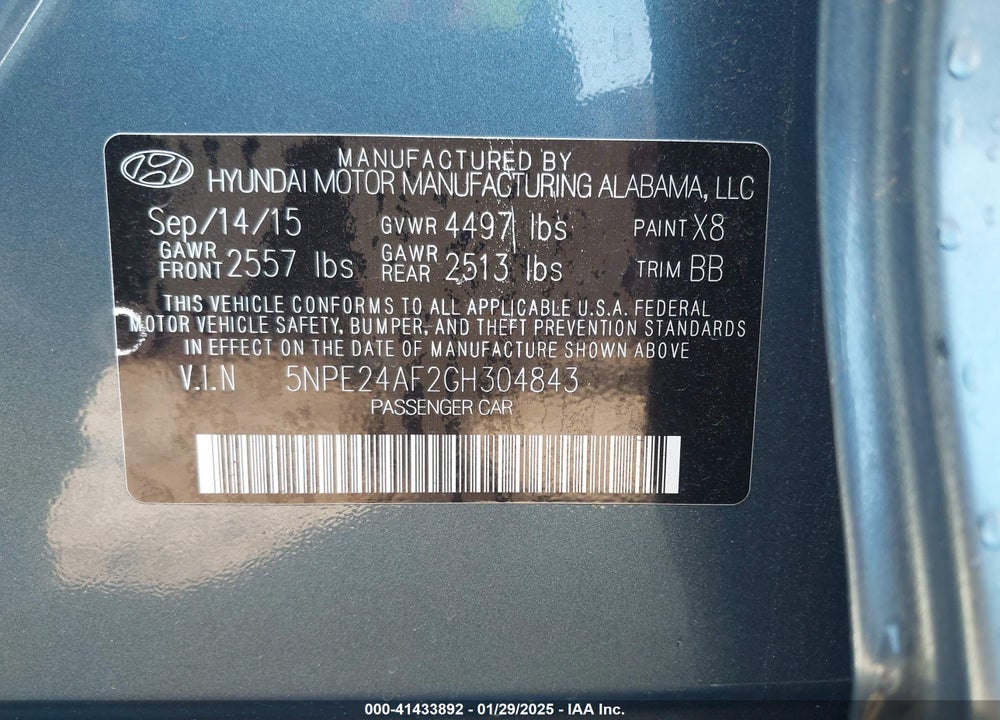 2016 HYUNDAI SONATA VIN: 5NPE24AF2GH304843
