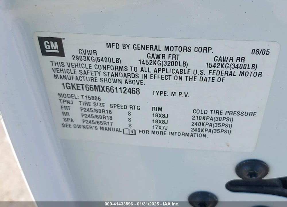 2006 GMC ENVOY XL VIN: 1GKET66MX66112468