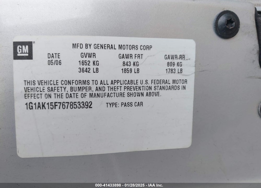 2006 CHEVROLET COBALT VIN: 1G1AK15F767853392
