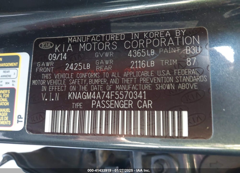 2015 KIA OPTIMA VIN: KNAGM4A74F5570341