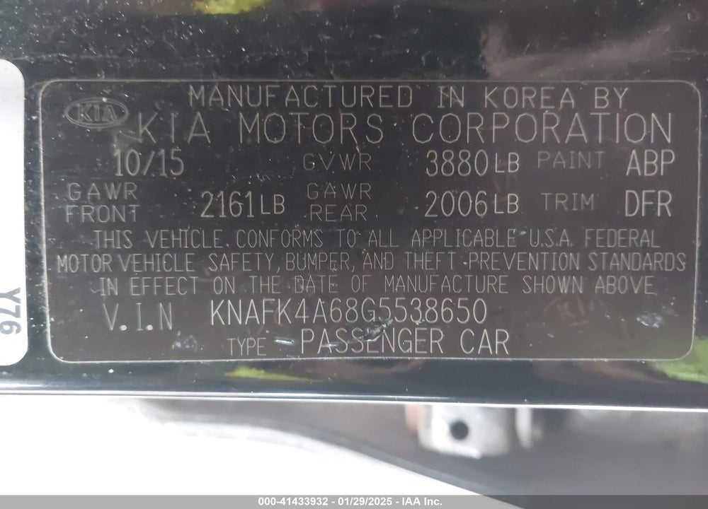 2016 KIA FORTE VIN: KNAFK4A68G5538650