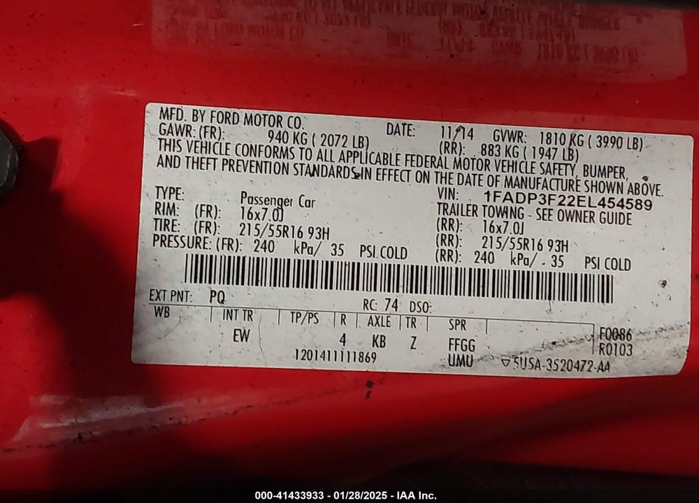 2014 FORD FOCUS VIN: 1FADP3F22EL454589