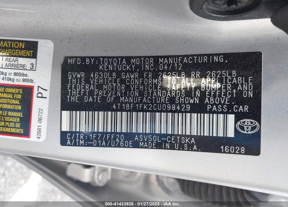 2012 TOYOTA CAMRY VIN: 4T1BF1FK2CU098429