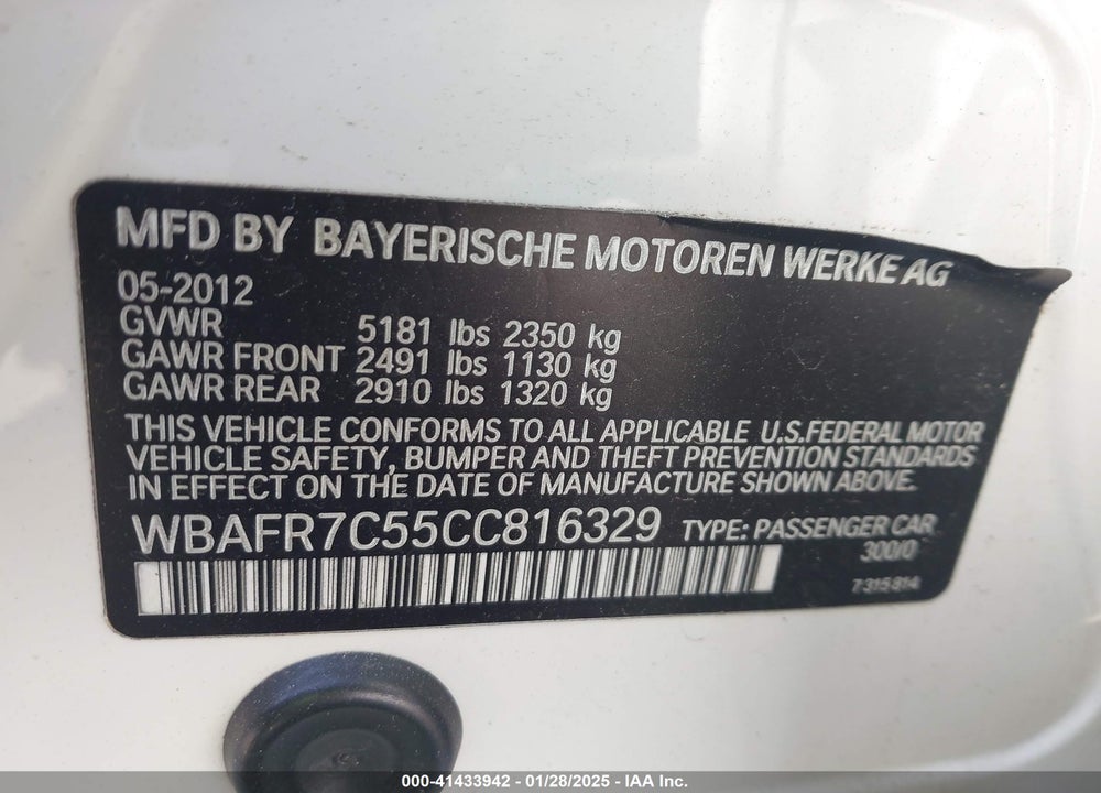 2012 BMW 535I VIN: WBAFR7C55CC816329