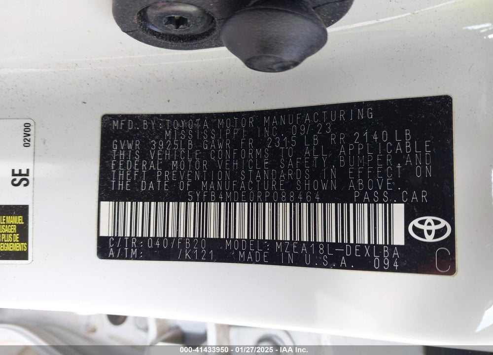 2024 TOYOTA COROLLA LE VIN: 5YFB4MDE0RP088464